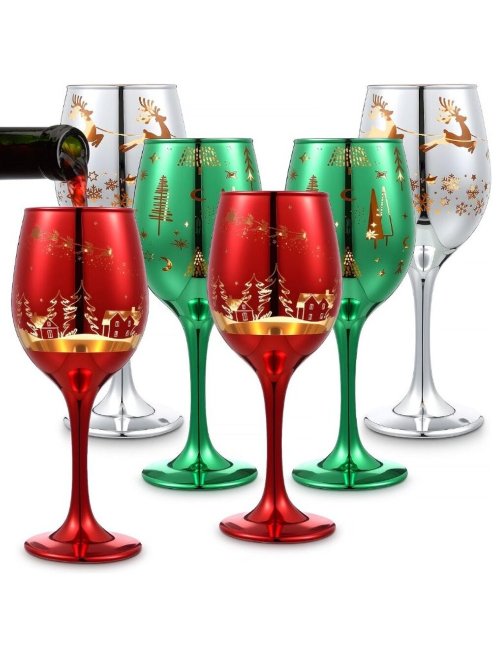 Set of 6 Holiday Stemmed Wine Glasses - 11 oz Festive Drinkware for Christmas